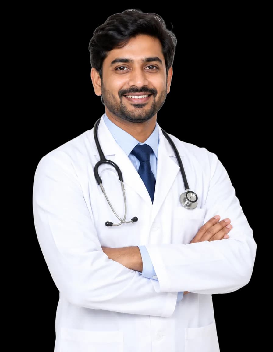Smiling healthcare professional in a white coat with a stethoscope